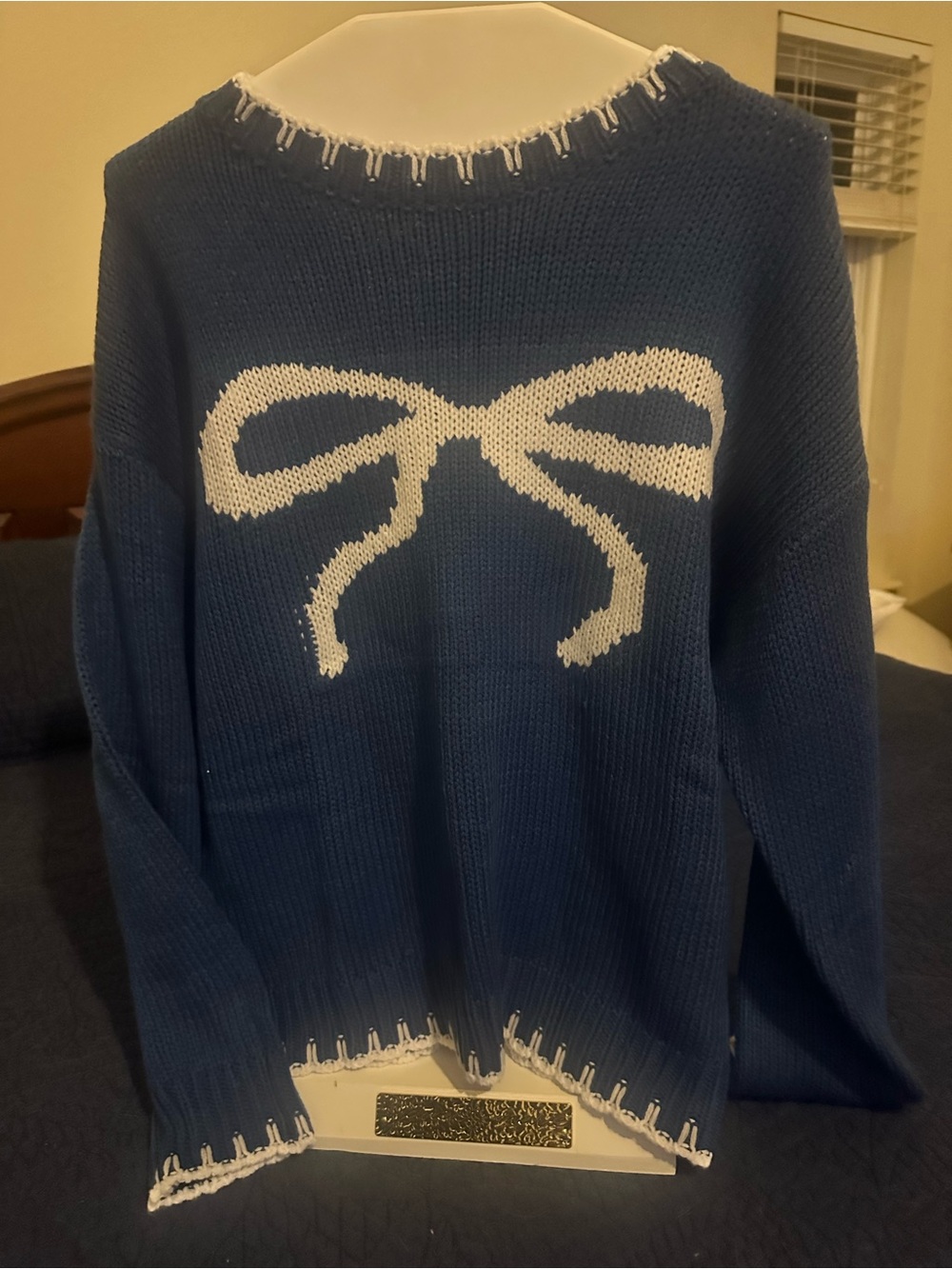 Chic Bow Sweater Dusty Blue with white bow accent - Women's Knit Sweater